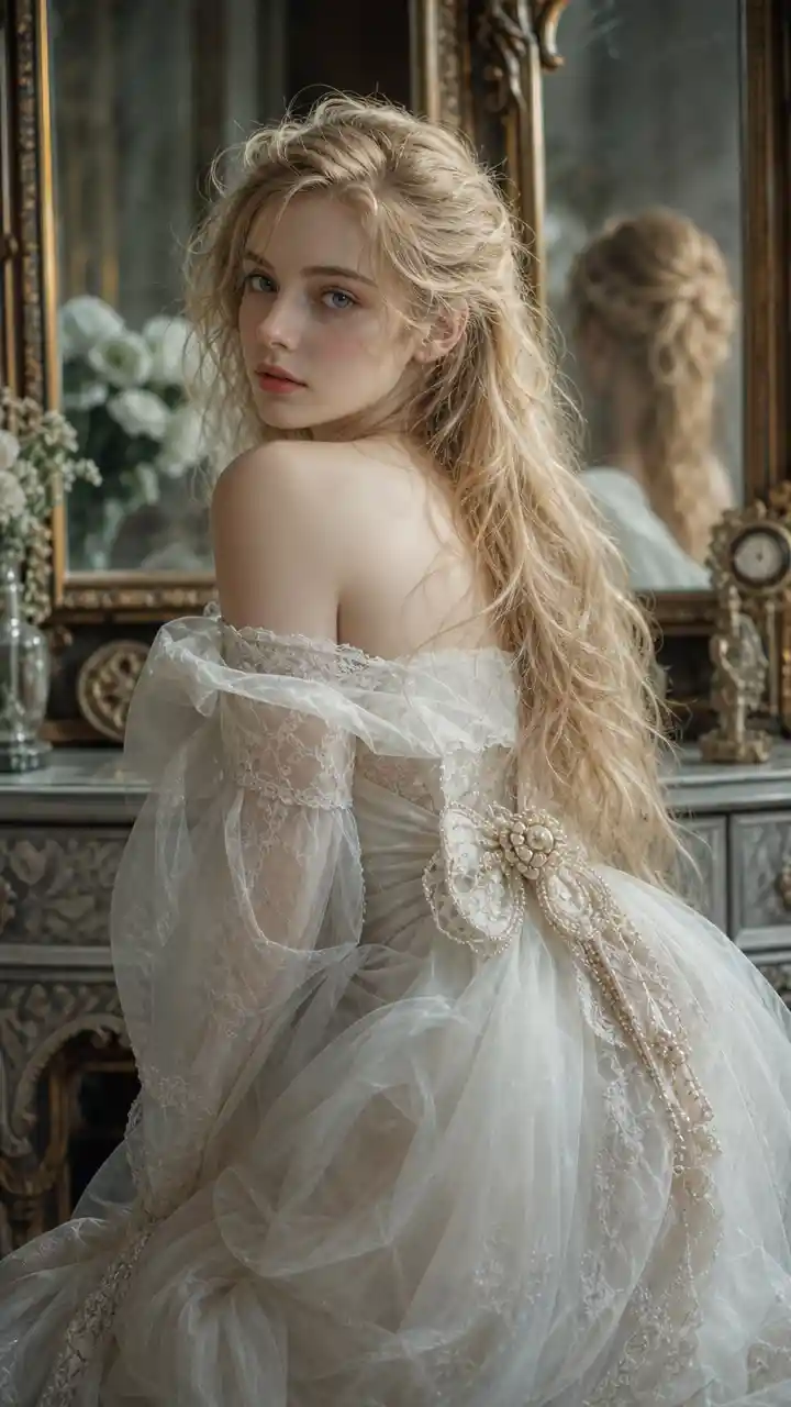 Elegant woman in white lace dress in aristocratic room