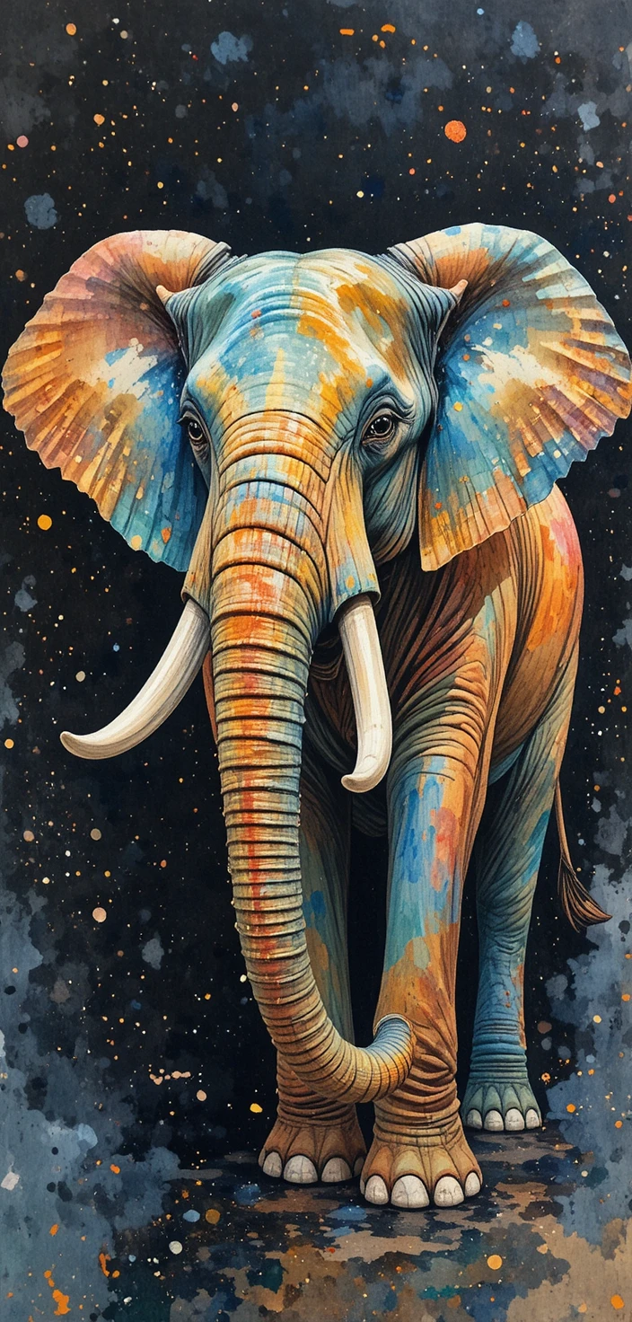 Colorful watercolor elephant against dark abstract background