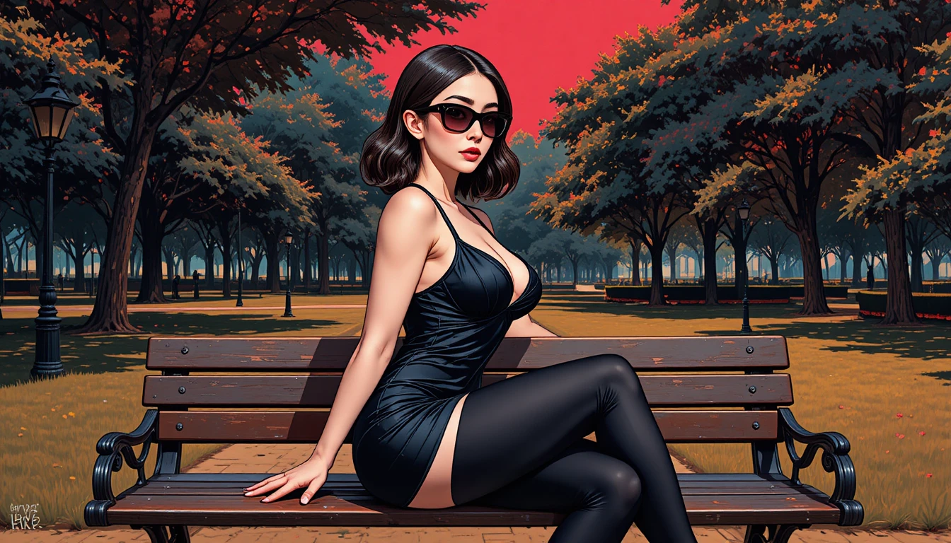 Young woman in black dress sitting on a park bench
