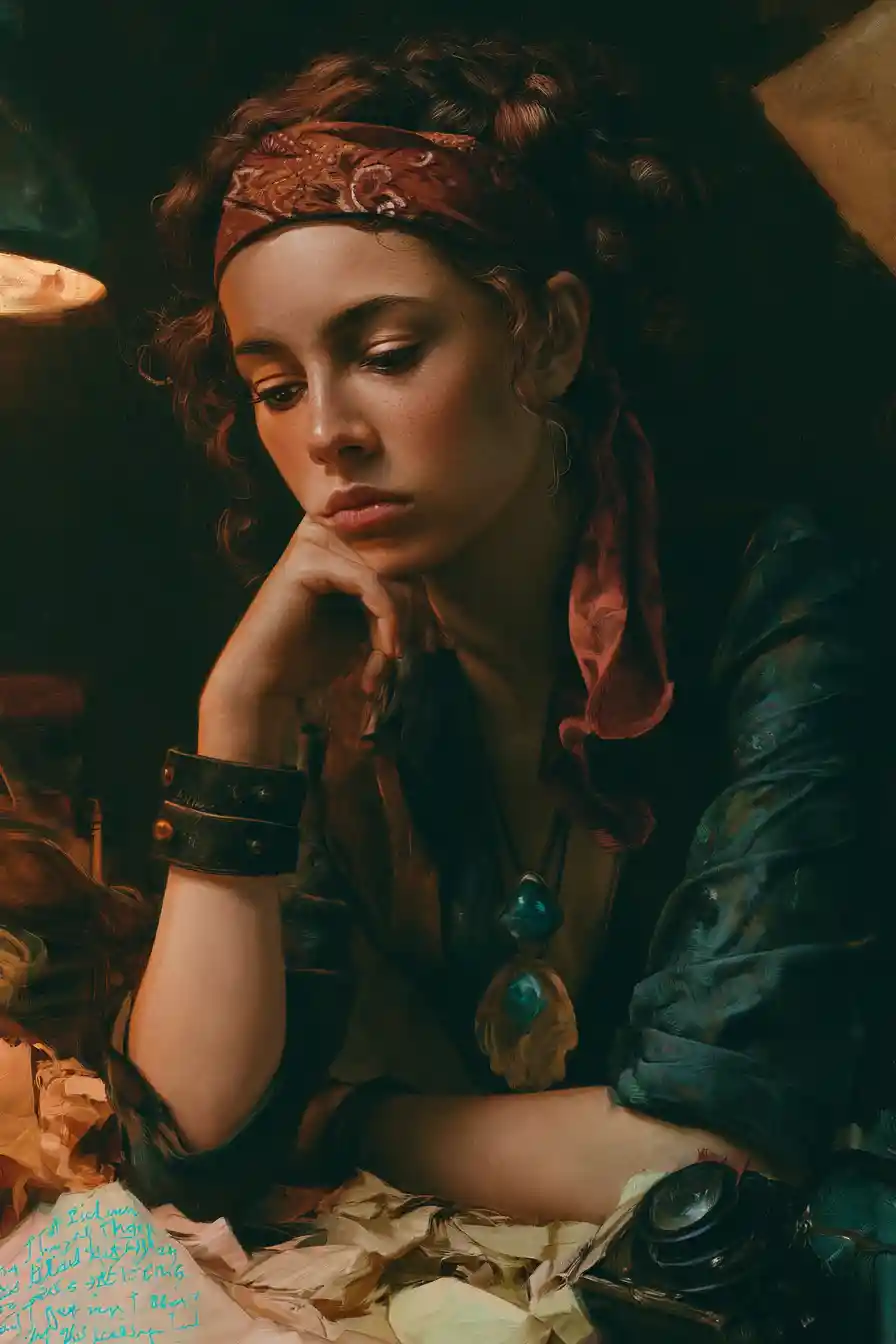 Melancholic woman artist reflecting on fading creative glory