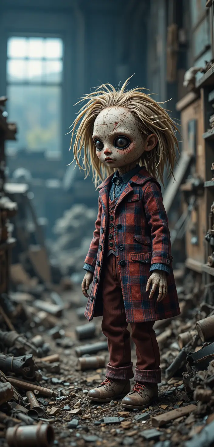 Creepy patchwork doll standing in a dark junkyard