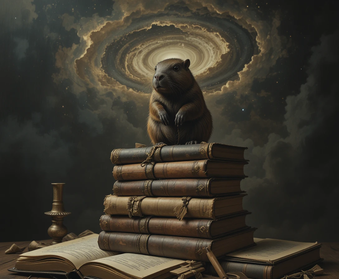 Capybara Sitting On Ancient Books Under A Cosmic Sky