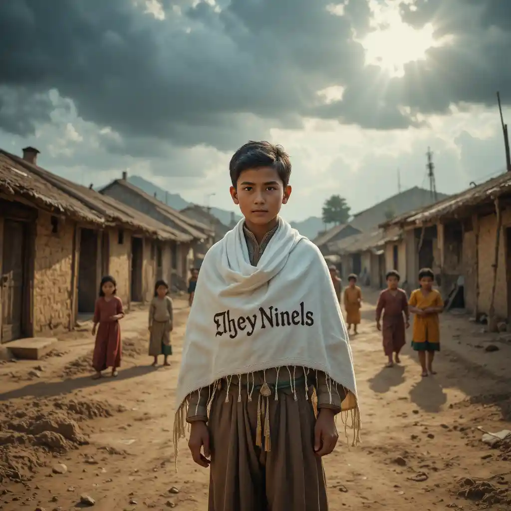 Confident village boy holding shawl in rural settlement