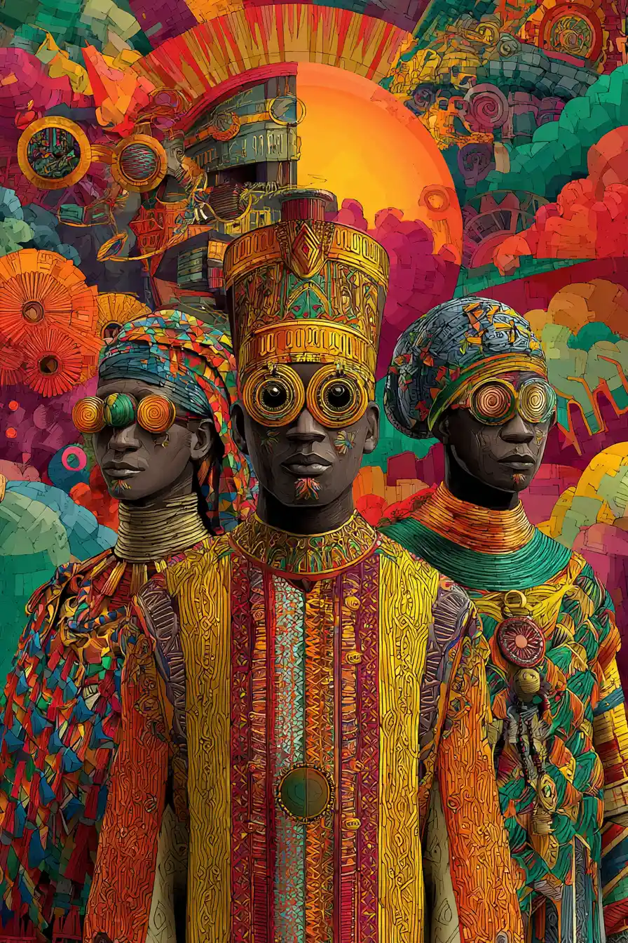 Mystical Orishas Emerging In A Surreal Cosmic Sky Scene