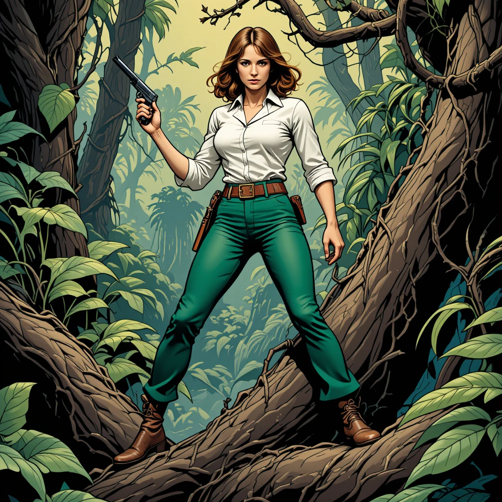 English Adventurer Woman Standing On Vine In Jungle