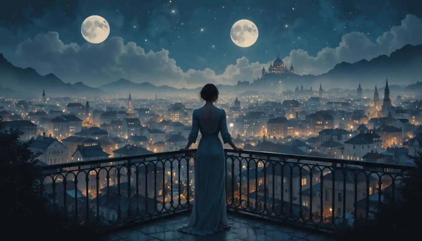 Elegant woman on a moonlit balcony above fantasy city