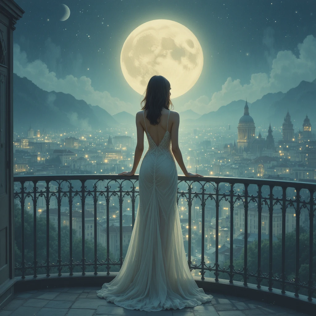 Elegant woman on moonlit balcony above enchanted city