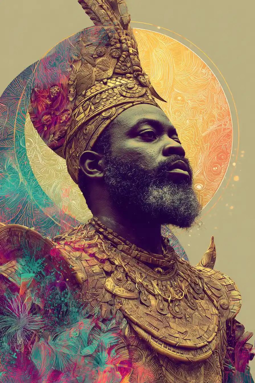 Yoruba sky god Olorun radiating divine power in vibrant color