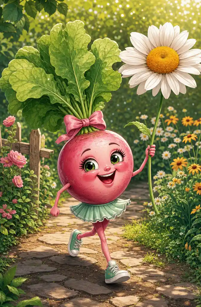 Joyful cartoon radish girl walking in a summer garden
