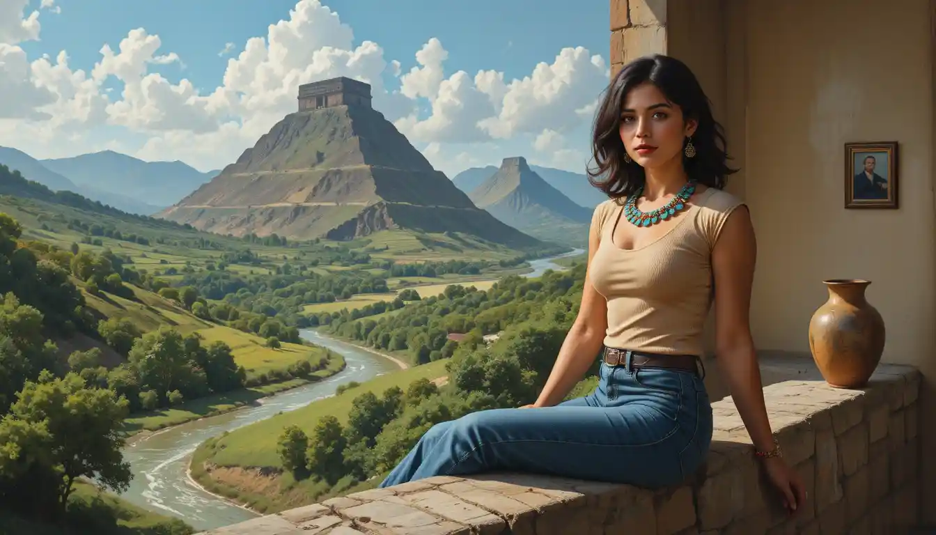 Young woman on stone wall above lush river valley