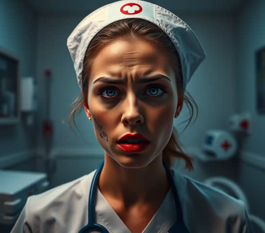 Popsurreal nurse in a tense hospital room of tangled emotions