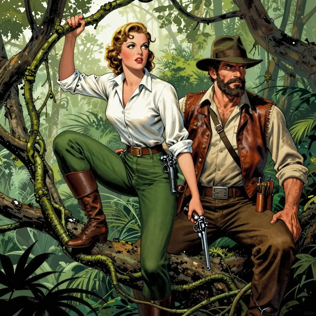 Adventurous duo on jungle vine in vintage pulp style
