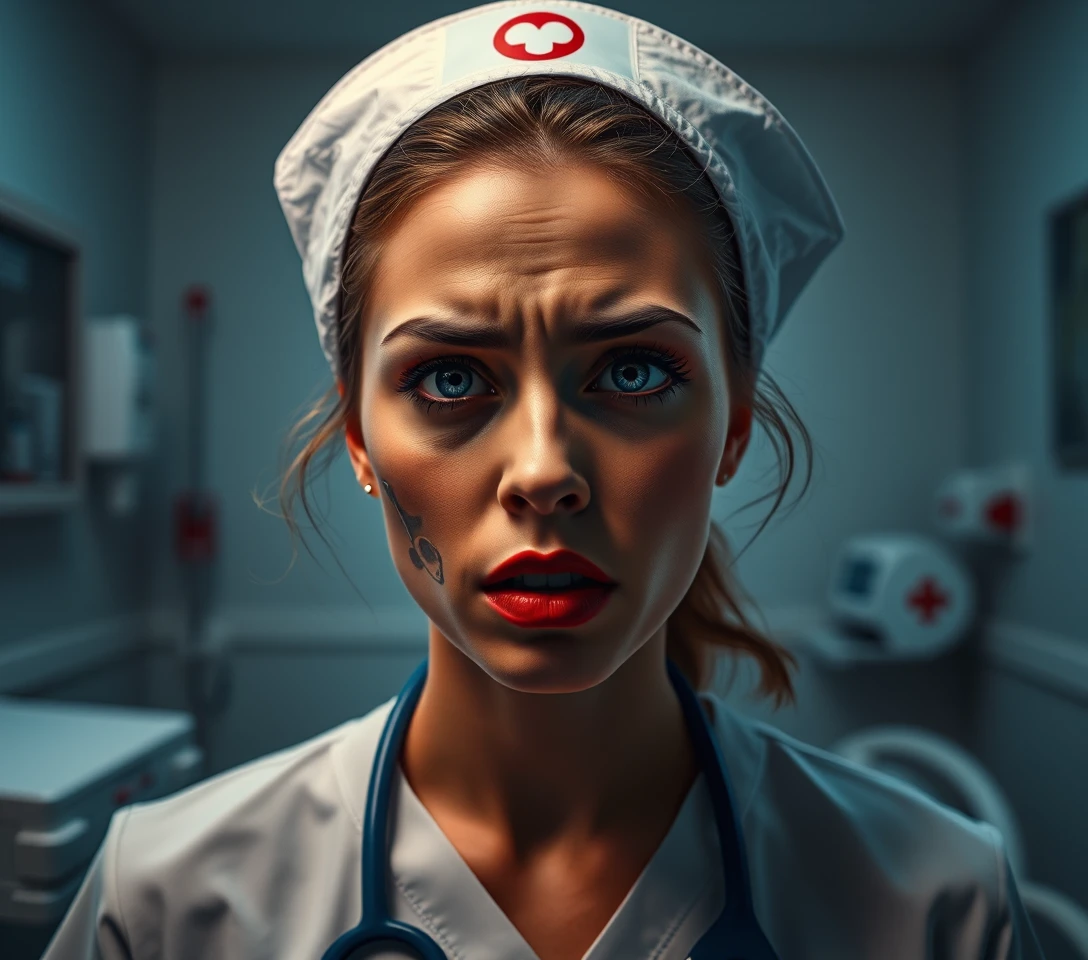Popsurreal nurse in a tense hospital room of tangled emotions