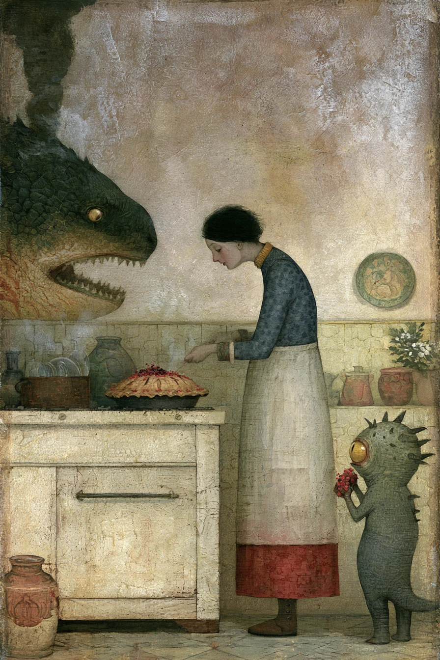 Whimsical heroine baking berry pie for a friendly alien monster
