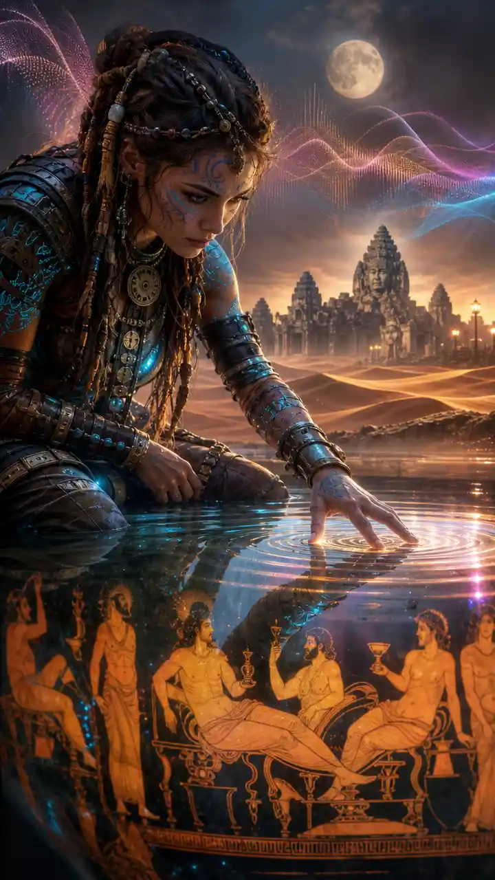 Tribal warrior woman kneeling beside a mirrored alpine lake