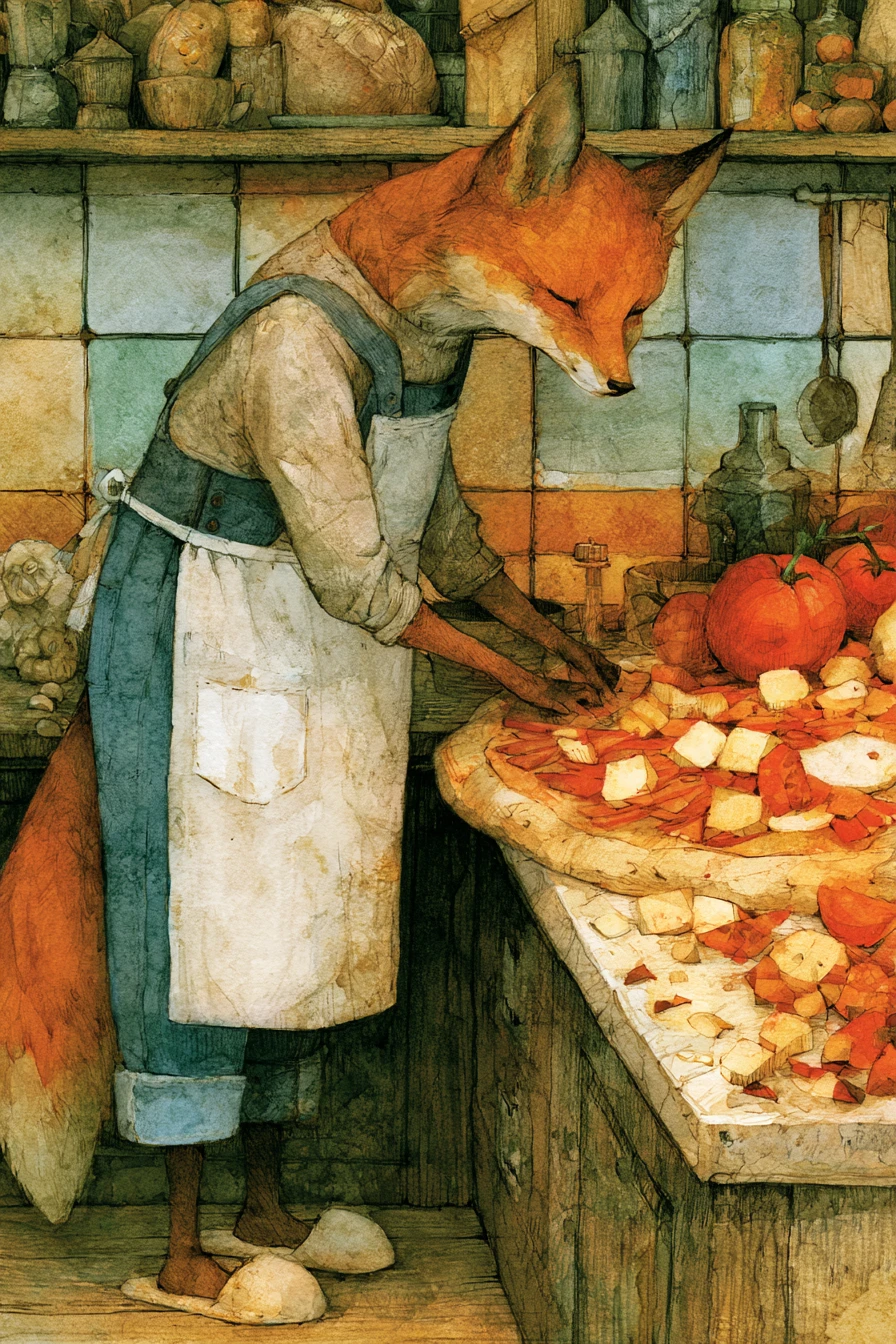 Slim fox chef preparing a giant pizza in kitchen