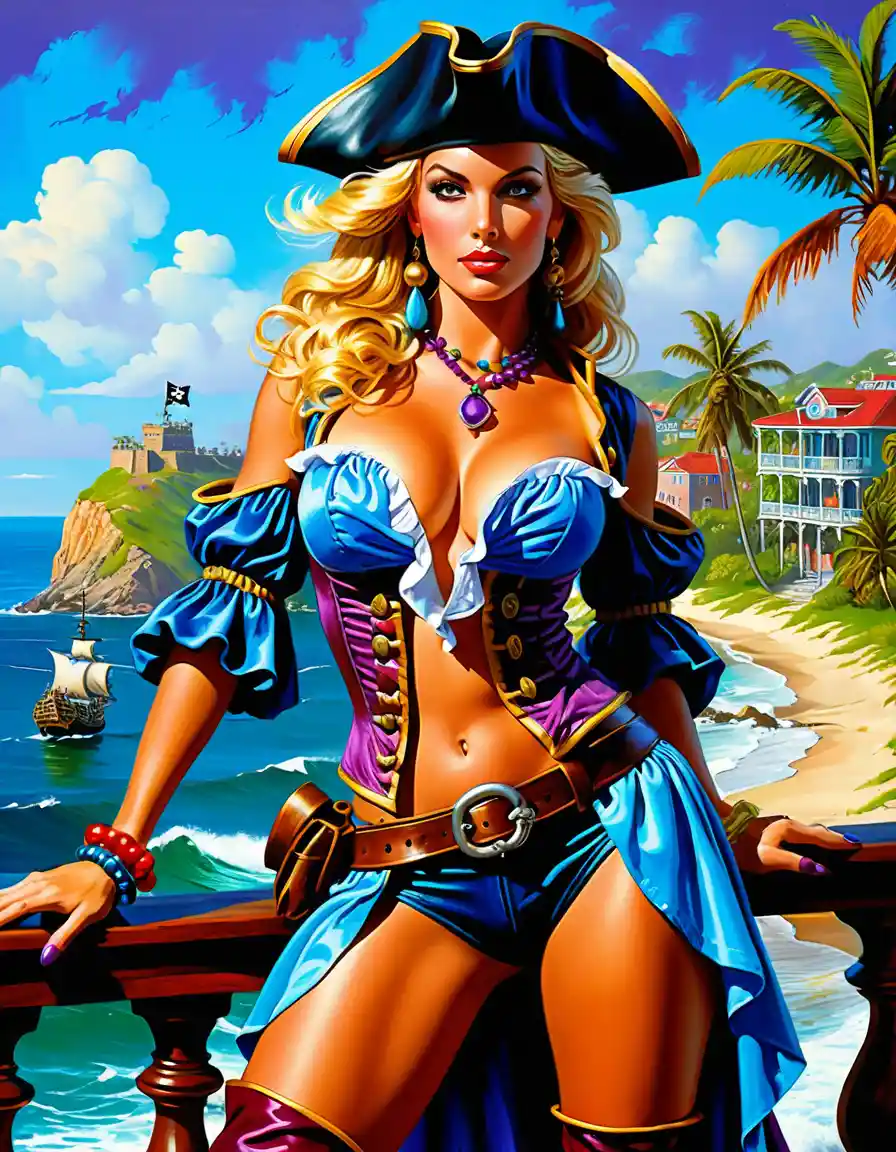Blonde pirate woman in jeweled costume in moody inn room
