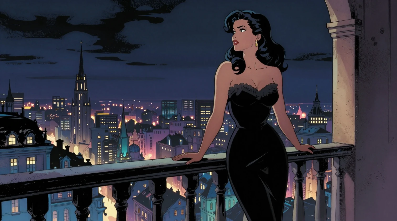 Elegant woman on moonlit balcony above enchanted city