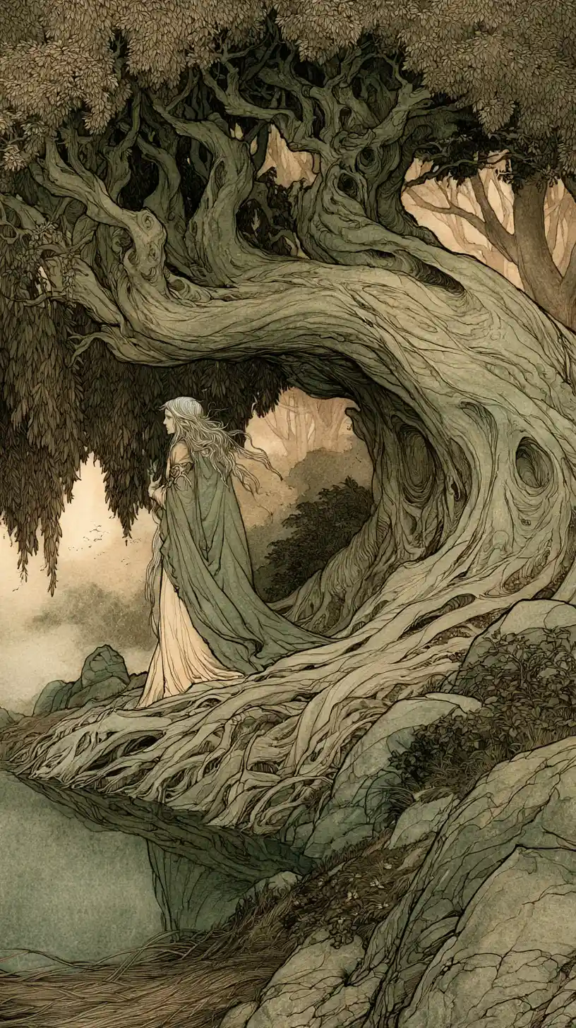 Ethereal forest nymph beneath an ancient willow