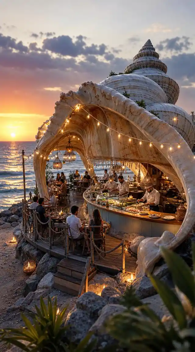 Seaside shell restaurant glowing at sunset on the beach