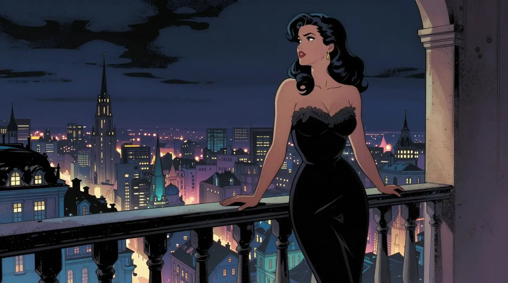 Elegant woman on moonlit balcony above enchanted city
