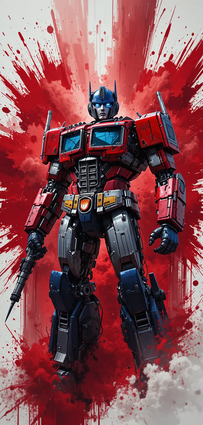 Armored red and blue robot warrior in explosive abstract scene