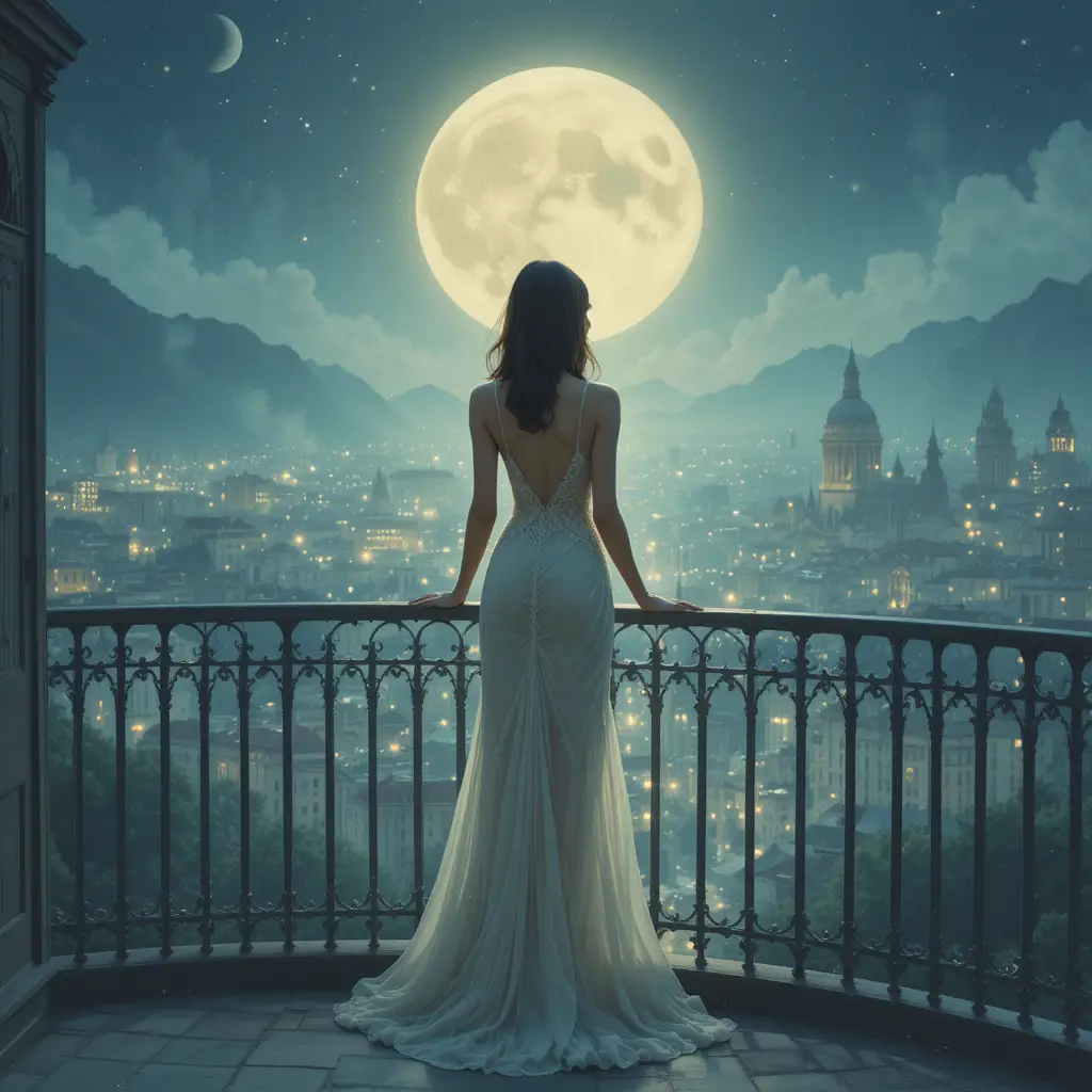 Elegant woman on moonlit balcony above enchanted city