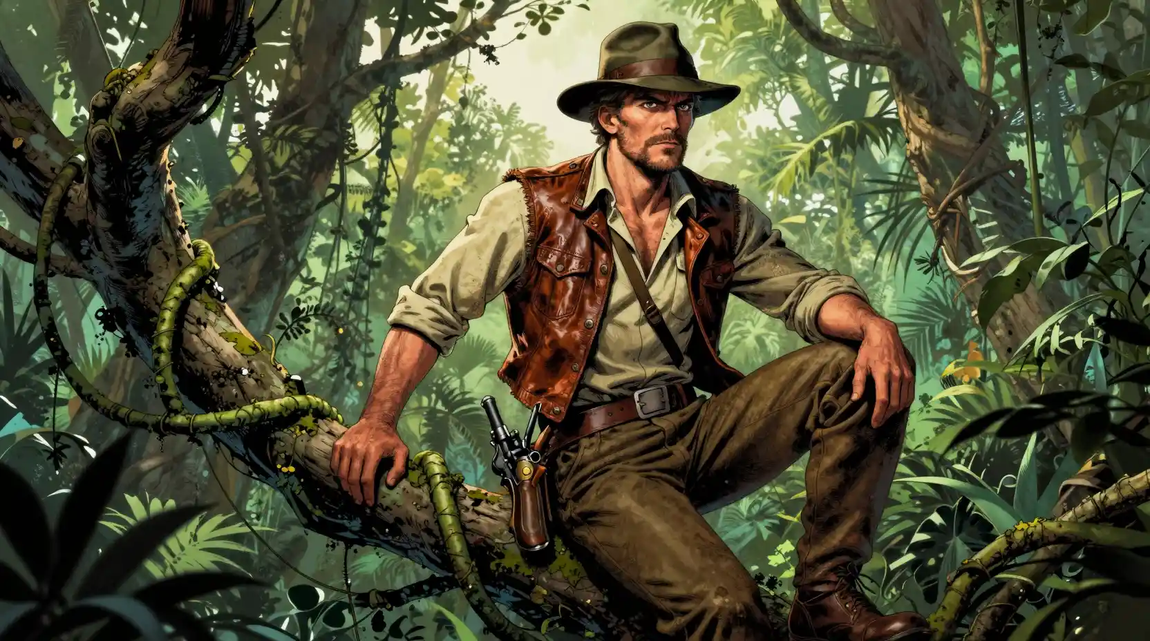 Heroic adventurer standing on a jungle vine with pistol drawn