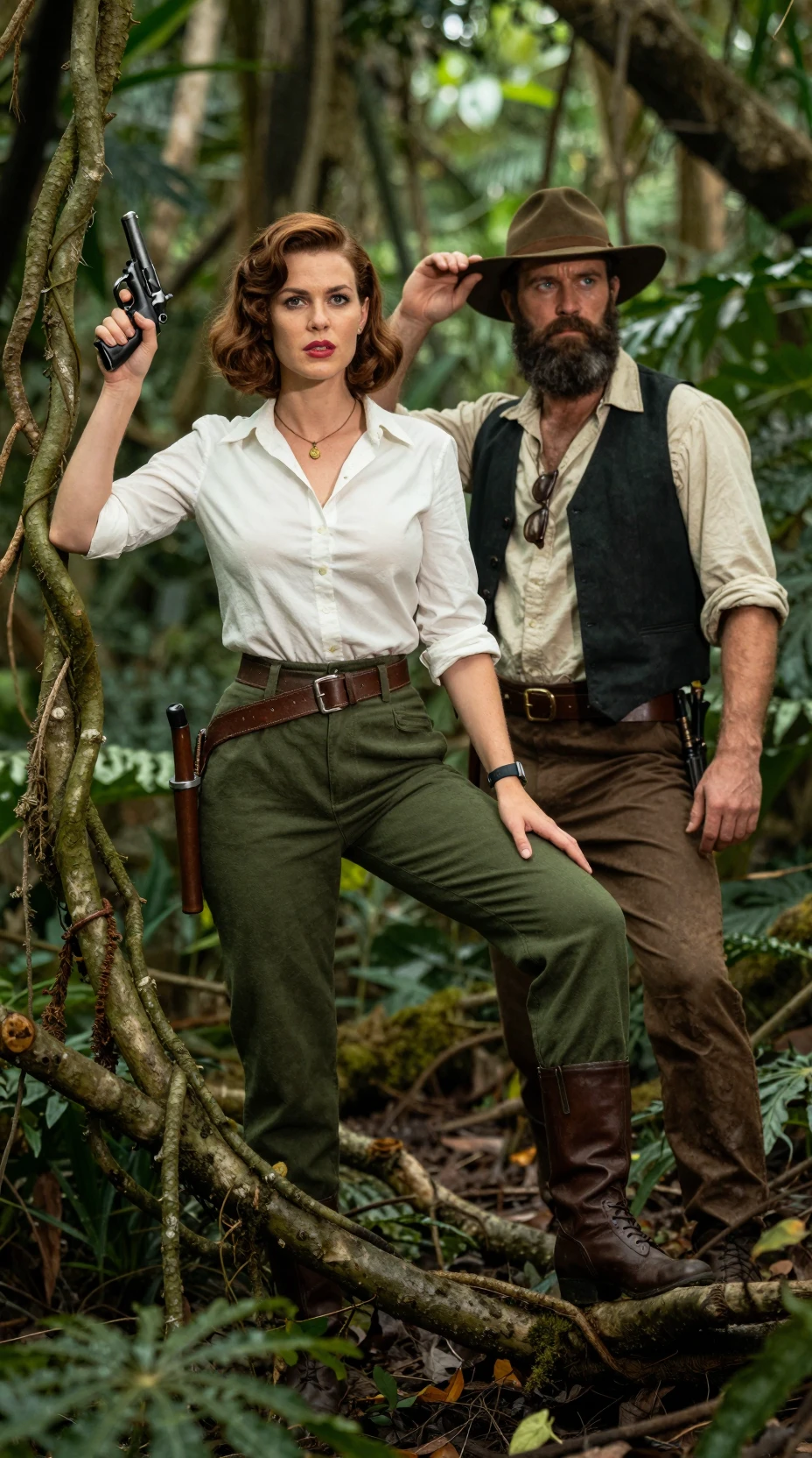 Adventurers on a jungle vine in vintage pulp style