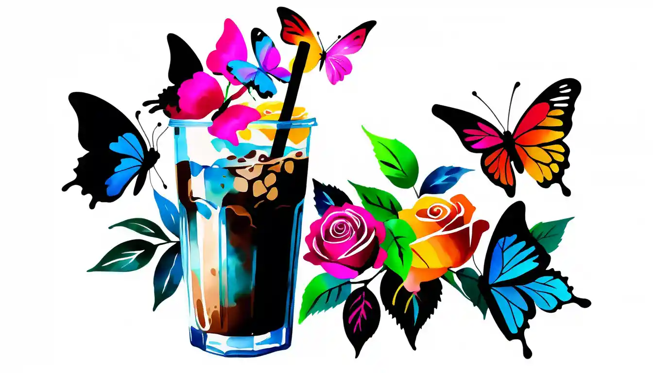 Watercolor Iced Coffee With Pink Roses And Butterflies