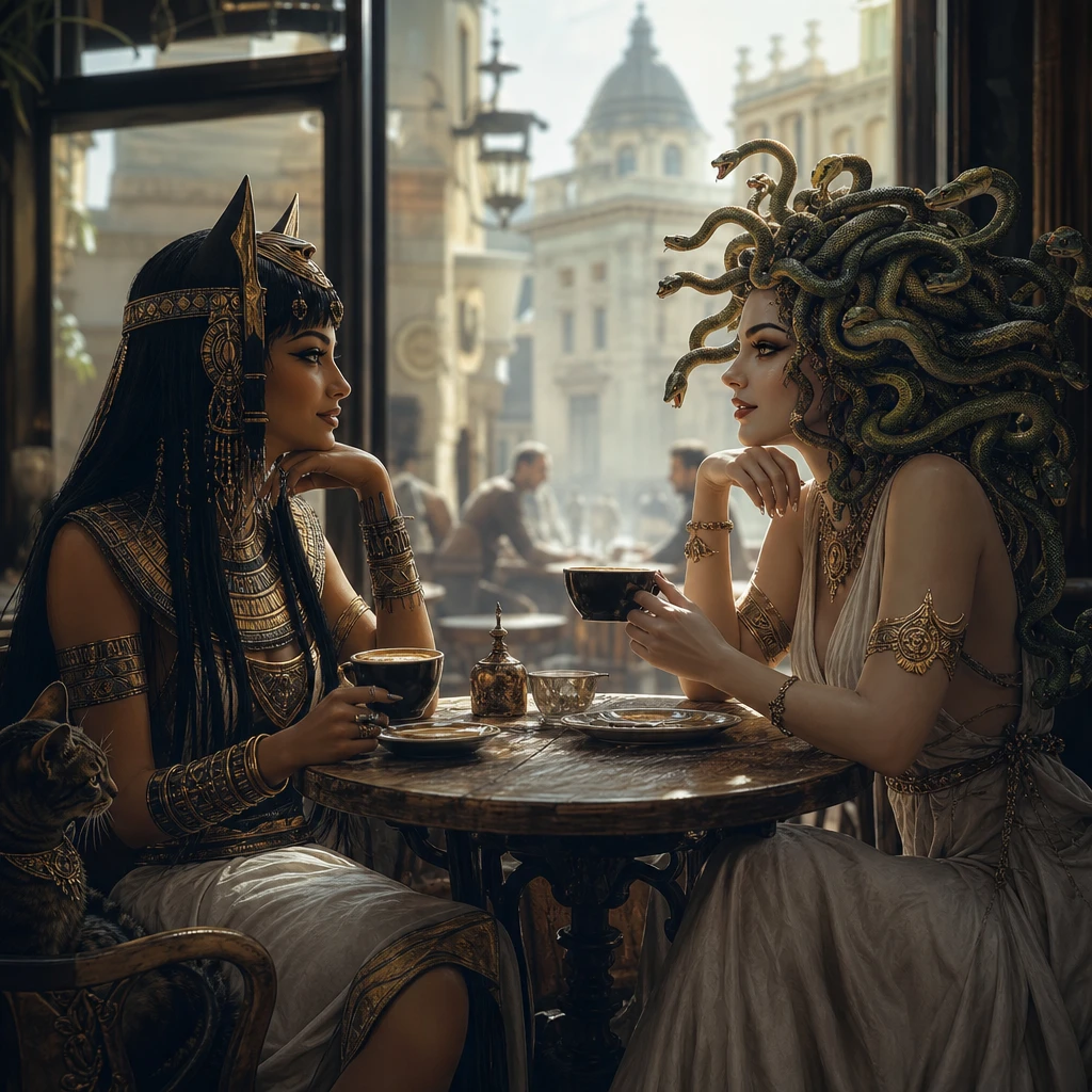 Egyptian goddess and Medusa sharing coffee in an Italian cafe