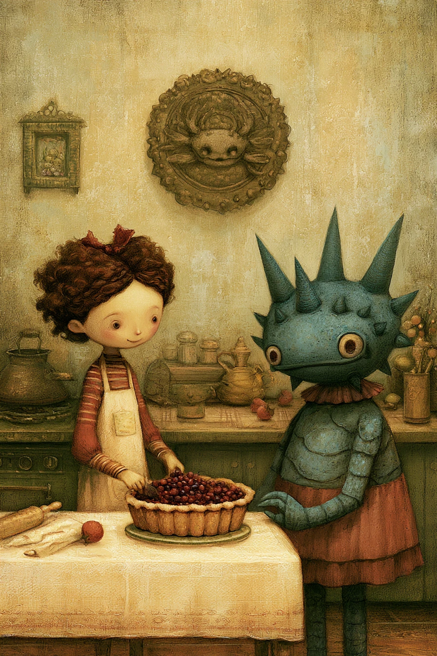 Whimsical heroine baking berry pie for her monster friend