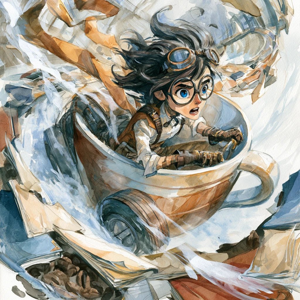 Steampunk woman racing a coffee mug car through books
