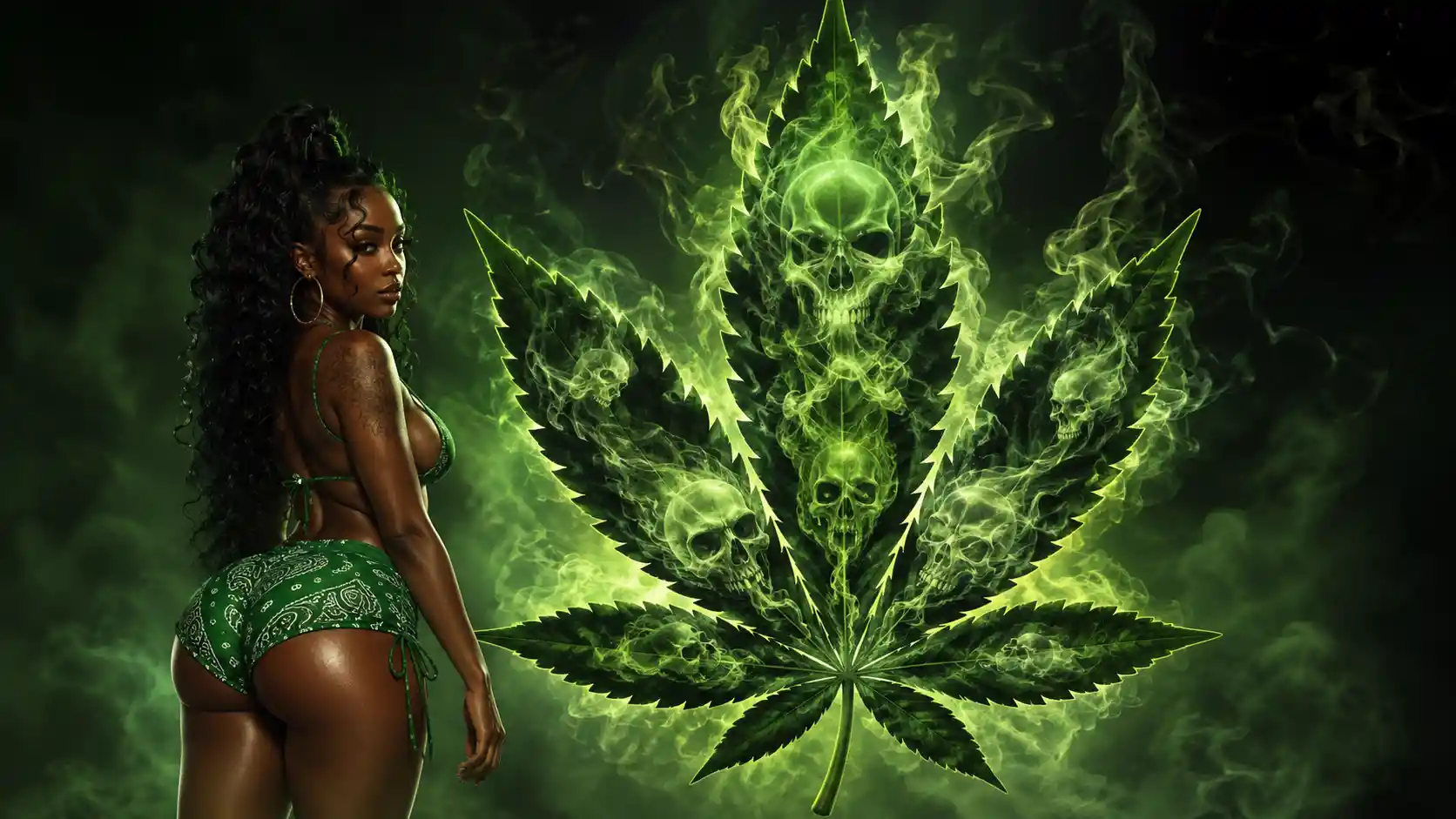 Black woman beside giant marijuana leaf filled with smoke skulls