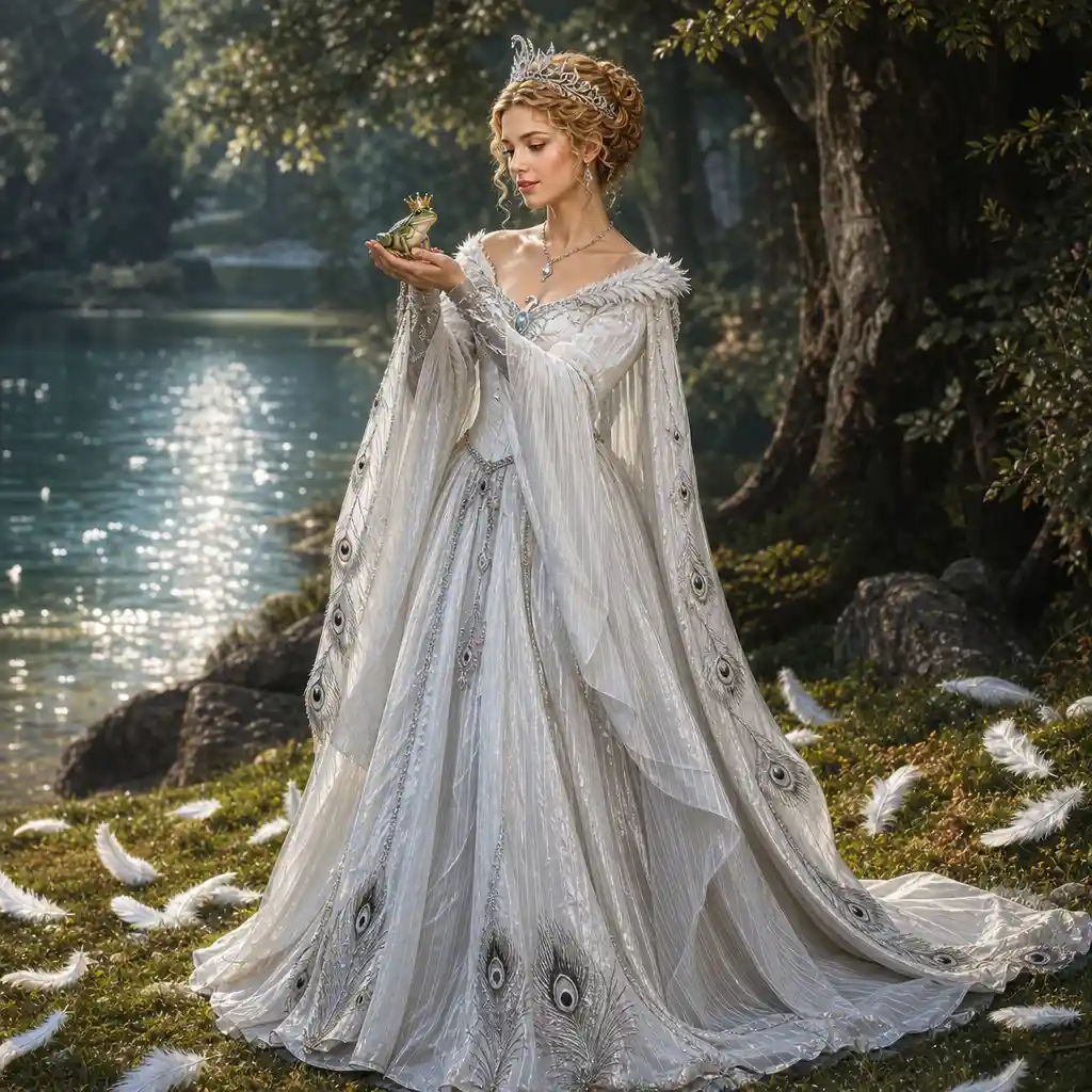 Renaissance princess holding a crowned frog in a forest clearing
