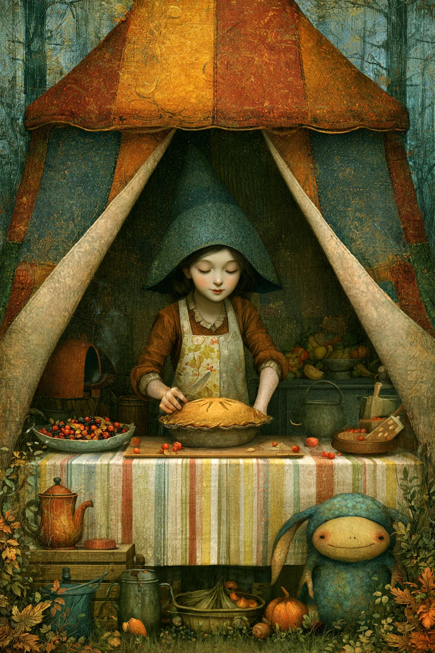 Whimsical heroine baking berry pie for a friendly monster
