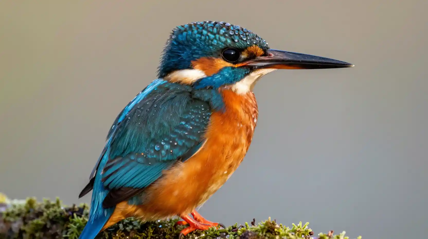 Close up kingfisher on mossy twig with dewdrops at sunrise