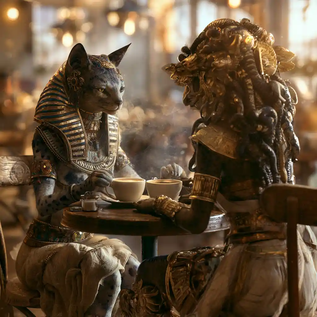 Fantasy goddesses sharing coffee in a cozy italian cafe