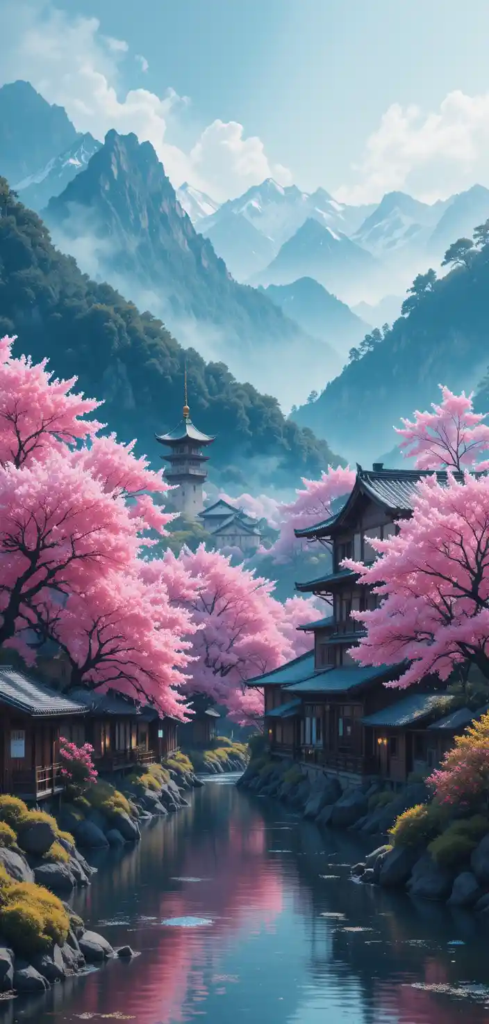 Peaceful Japanese village with cherry blossoms by a river