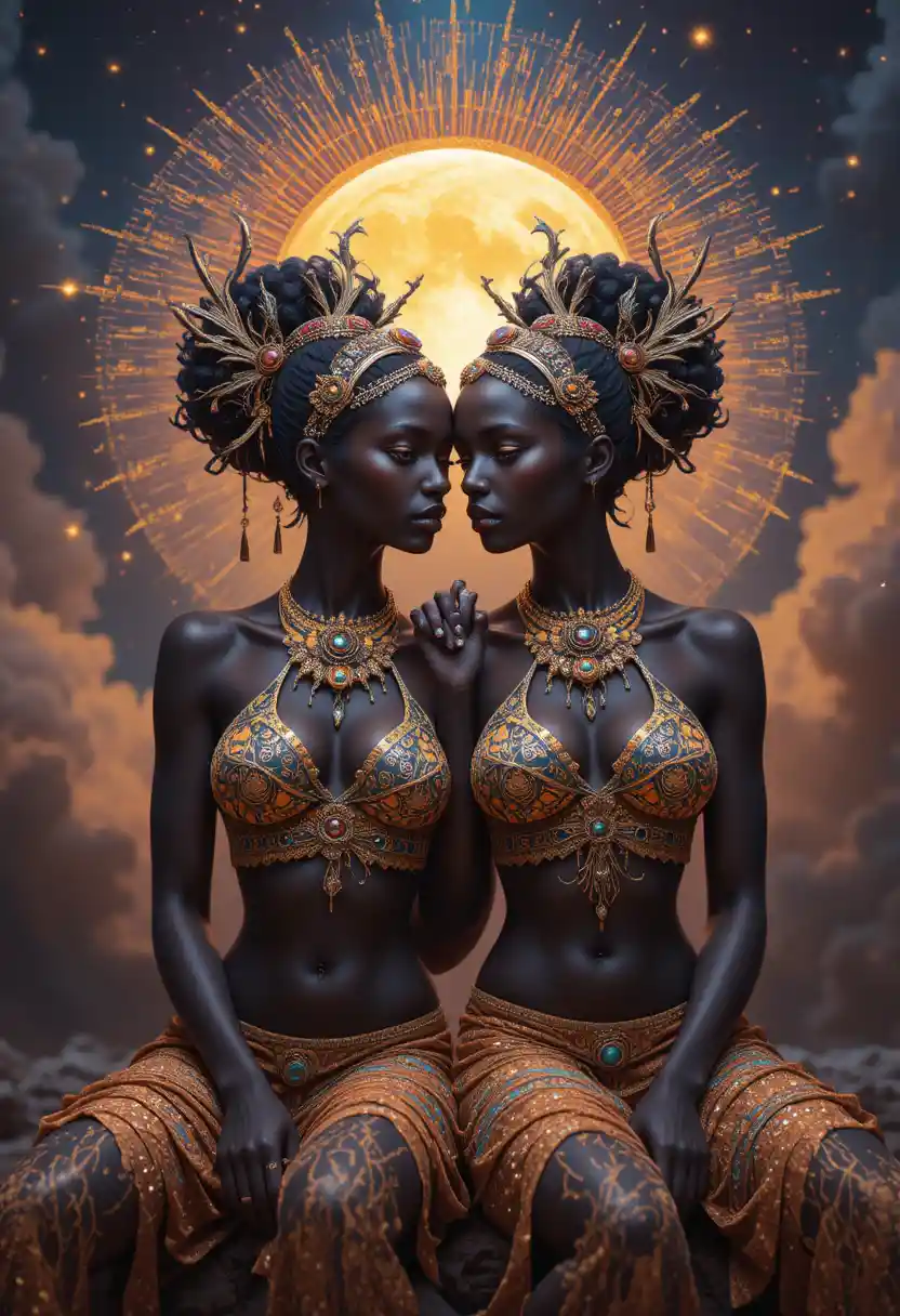 Androgynous celestial twins embodying sun and moon unity