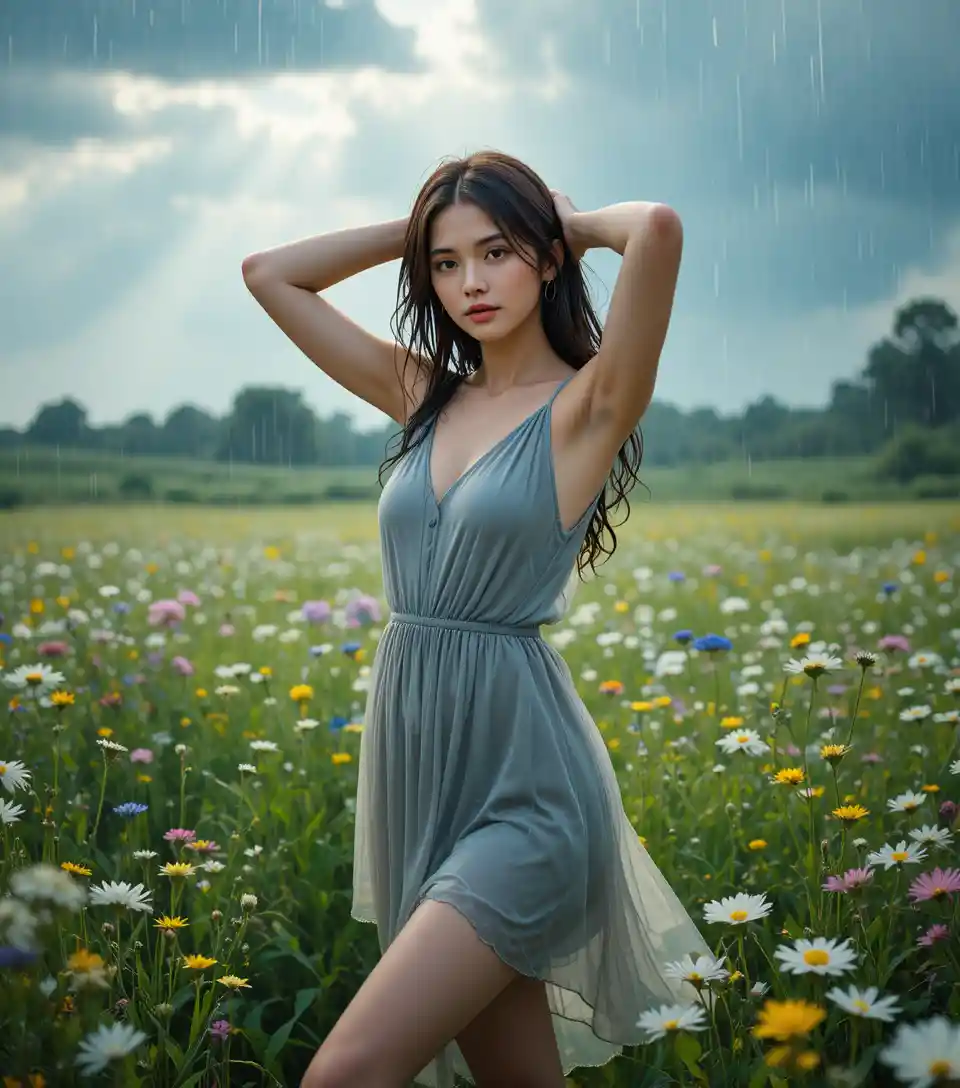 Young woman standing in rain soaked wildflower meadow