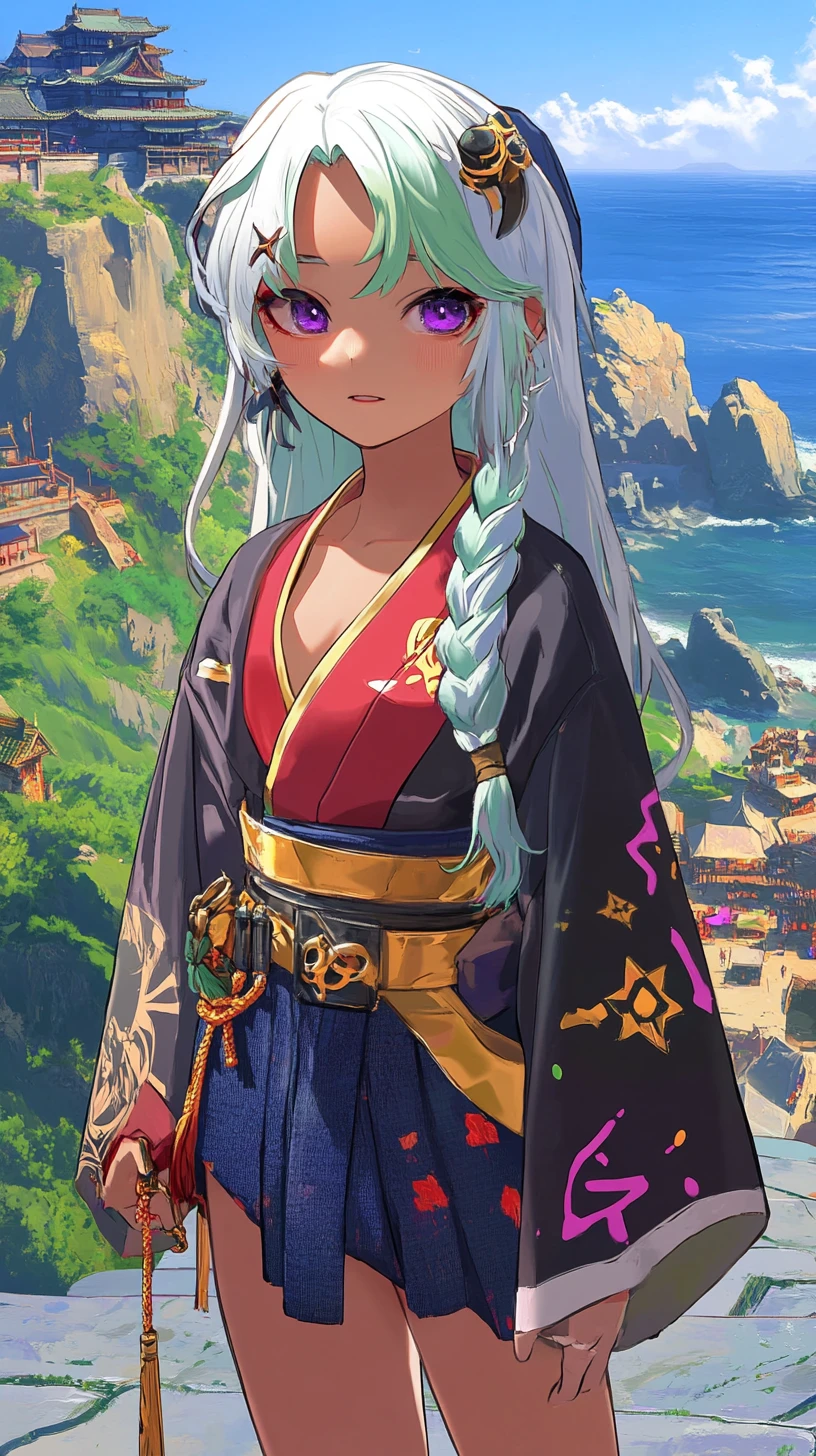 Anime girl at an old hillside Japanese temple gate