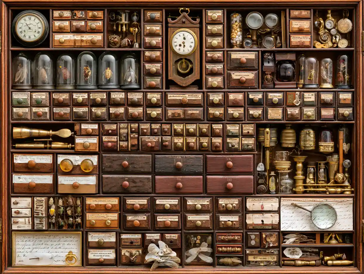 Victorian curiosity cabinet with drawers insects and instruments