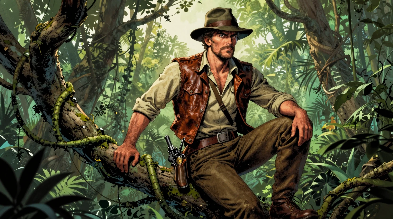 Heroic adventurer standing on a jungle vine with pistol drawn