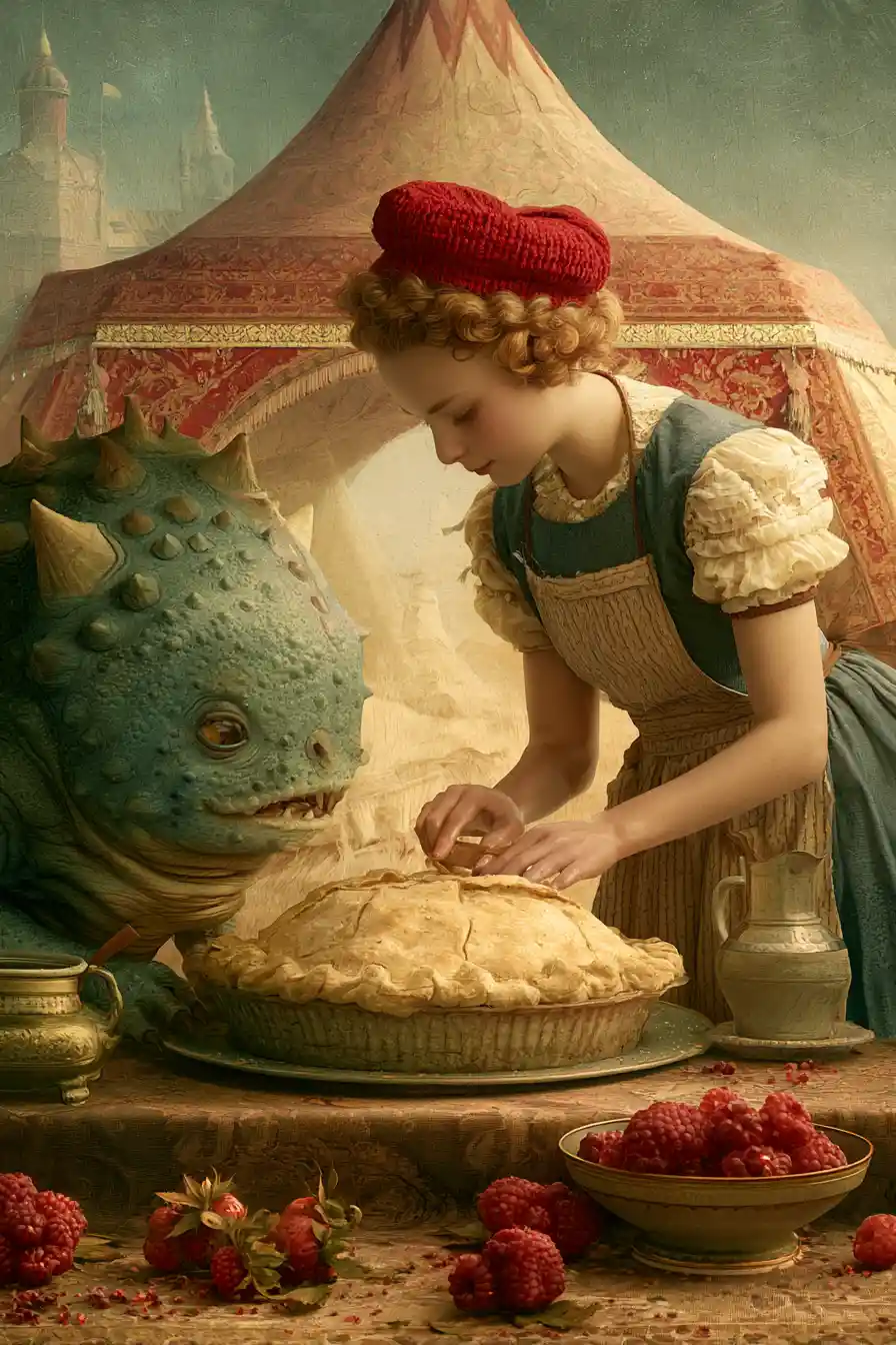 Whimsical girl baking berry pie for a friendly alien monster