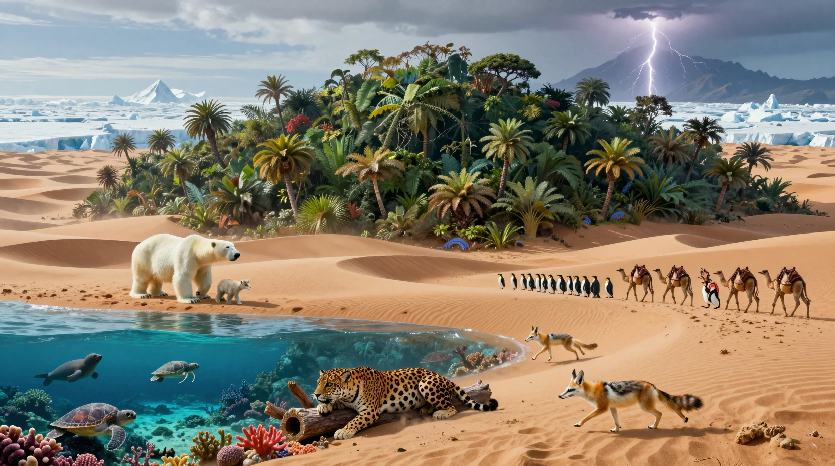 Vast fantasy panorama of polar tundra and jungle meeting