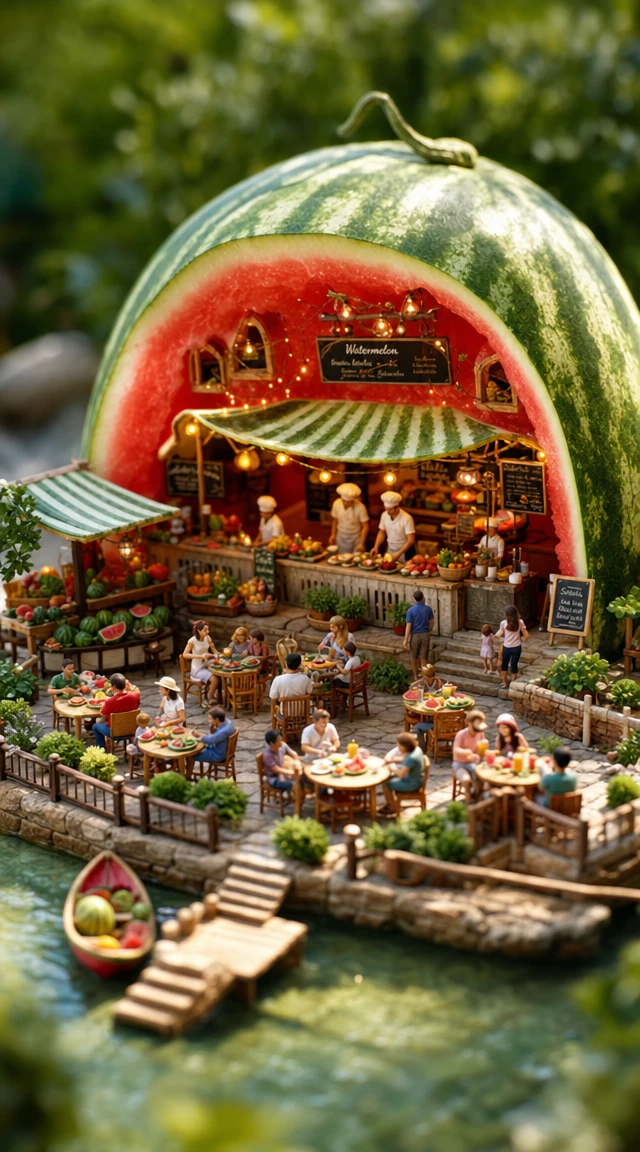 Open air summer restaurant inside a giant watermelon