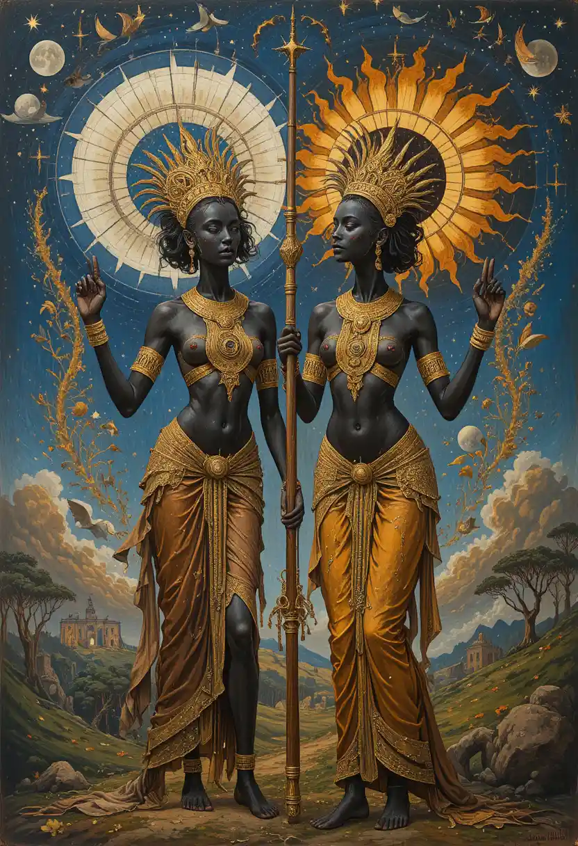 Androgynous African deities in symbolic mythological painting