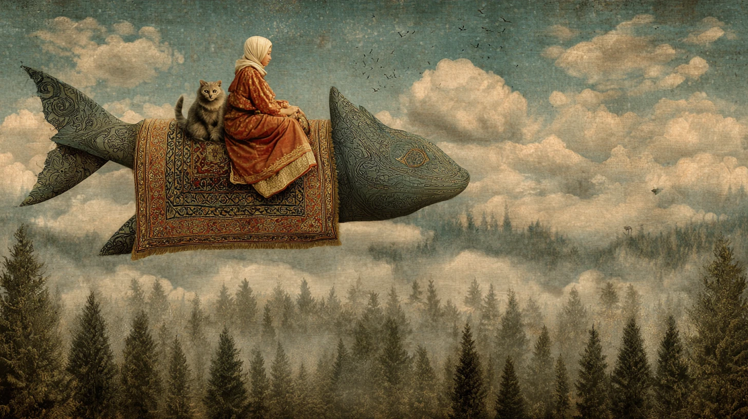 Heroine on magic carpet overlooking surreal forest clearing