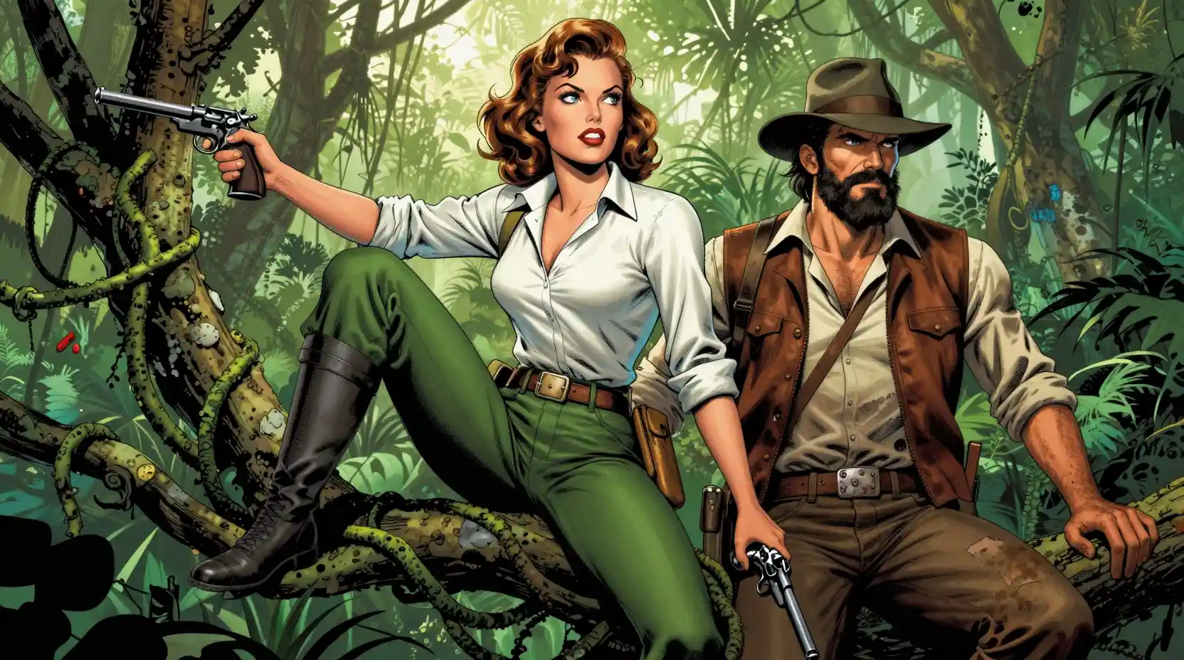 Heroic adventurers in a perilous jungle vine standoff